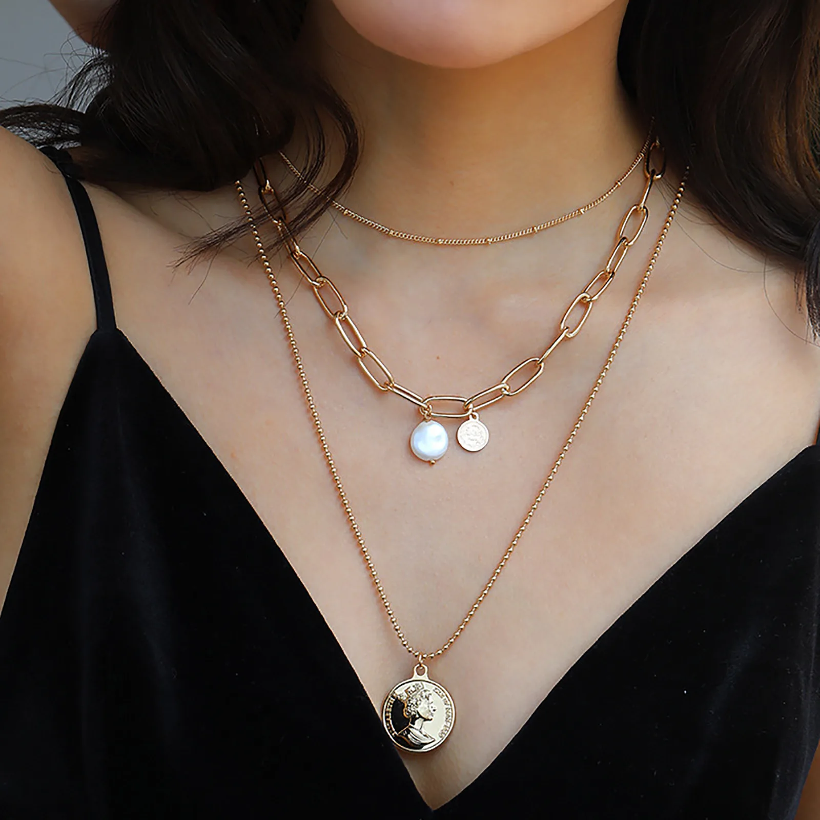 

Charm Acrylic Baroque Multilayer Layered Necklace KC Gold Plated White Coin Imitation Pearl For Women 38cm(15") Long, 1 Piece