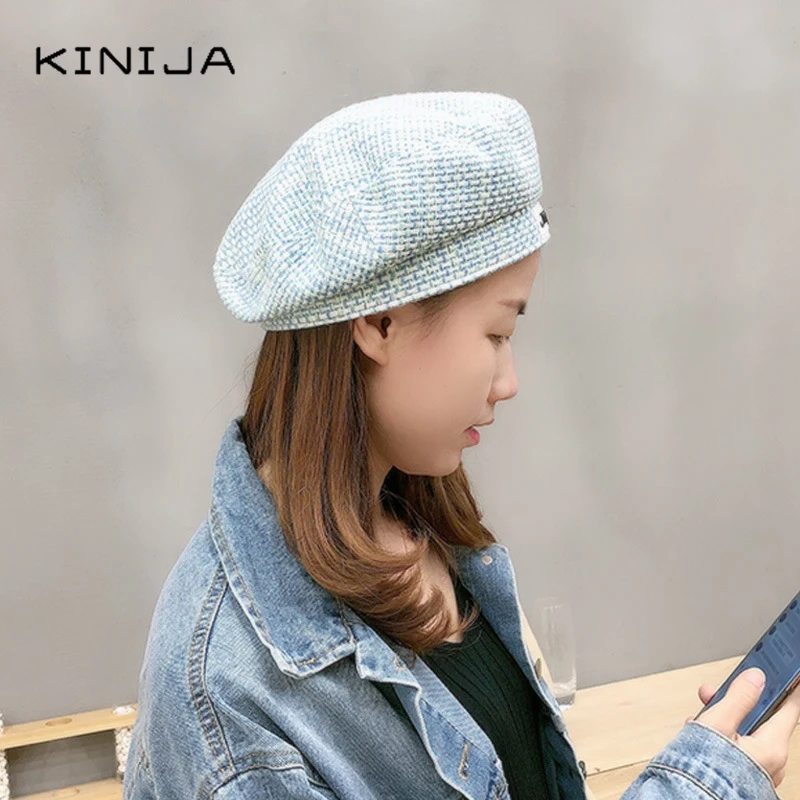 Женский Осенний модный твидовый берет из смешанных волокон вязаная шапка Зима