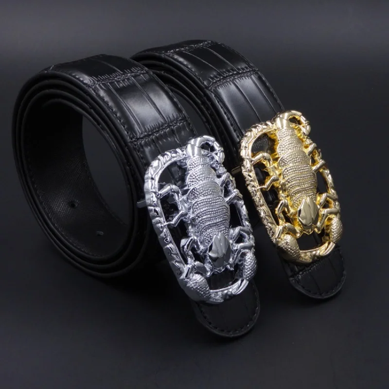 

Luxury Men's Leather Belt Designer Brand High Quality Slub Belt Alloy Scorpion Smooth Button Casual Business Jeans Trouser Belt