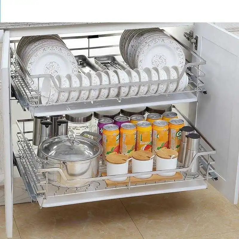 

Dish Organizer Cestas Corredera Alacena Organizar Pantry Stainless Steel Cuisine Cocina Rack Kitchen Cabinet Storage Basket