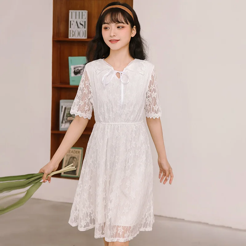 

Chic Khaki 2021 Summer New Little Fairy Stitching Lace Crocheted Dress Girl Lace up Waist A- line Mid-Length Dress