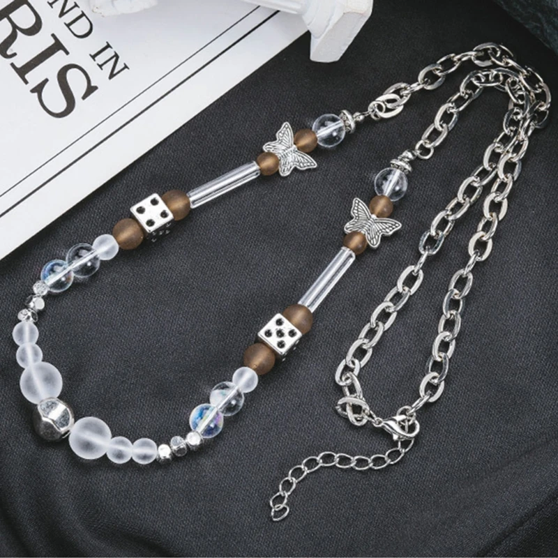 

87HC Punk Rock Butterfly Skull Adjustable Choker Lucky Dice Beaded Stainless Steel Chain Necklace Fashion Streetwear Jewelry