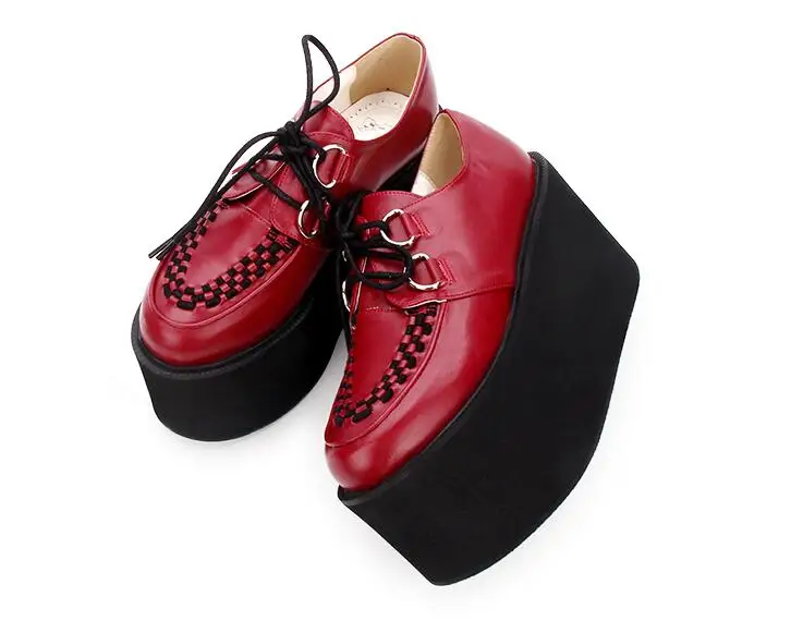 PU WINE RED 10CM Женская обувь в стиле панк в японском стиле; сверхвысокая платформа; кожаные оксфорды на шнуровке - Цвет: PU WINE RED 10CM