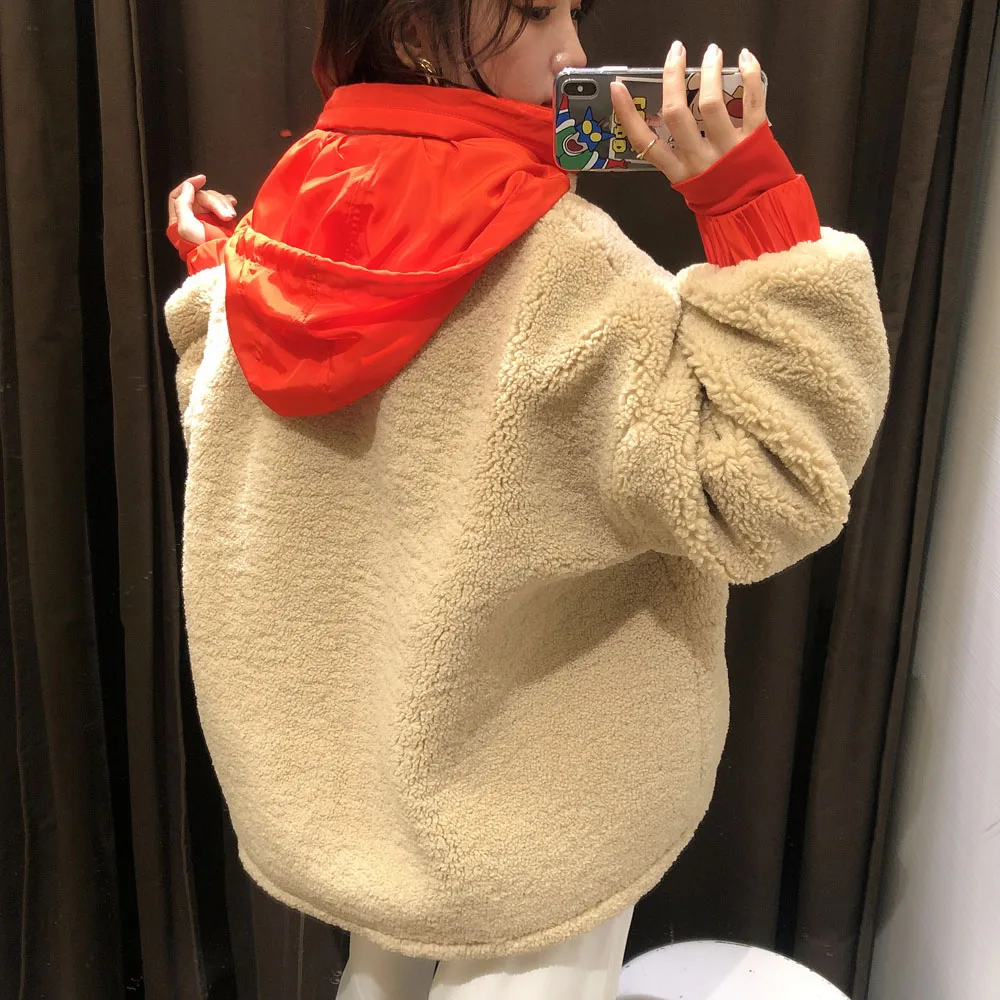 

2021 winter new women's cotton-padded jacket thermal insulation quality fleece hooded long sleeve stitching street fashion top