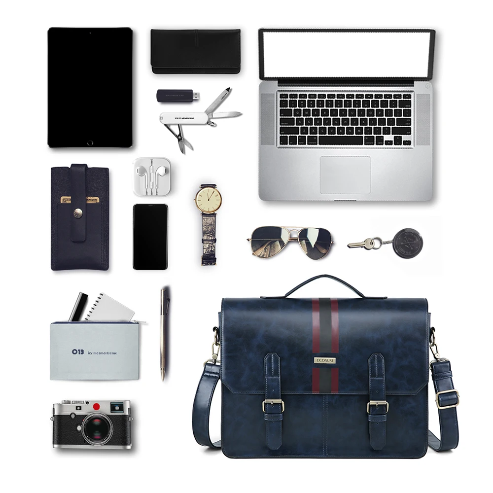 

ECOSUSI Men's Laptop Bag Men's Briefcase PU Leather Shoulder Satchel Computer Bag with Back Pocket fits 15.6 inch Laptop Blue