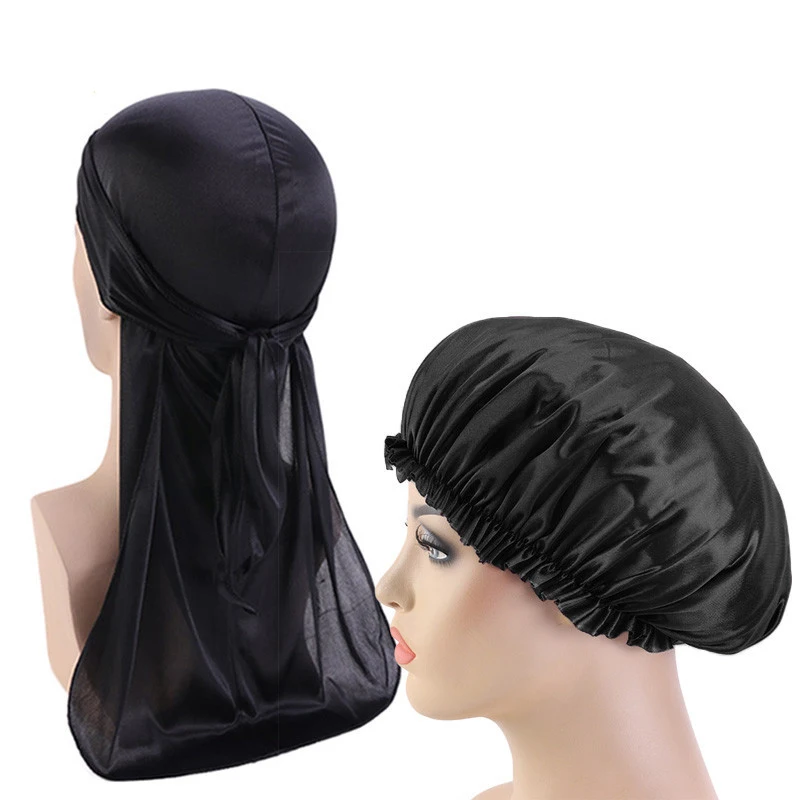 

2 шт./компл. длинный шелковый атлас шляпа сна чалма Durag унисекс бандана Головные уборы красочные широкий ДУ тряпка капота атласная Кепка колп...