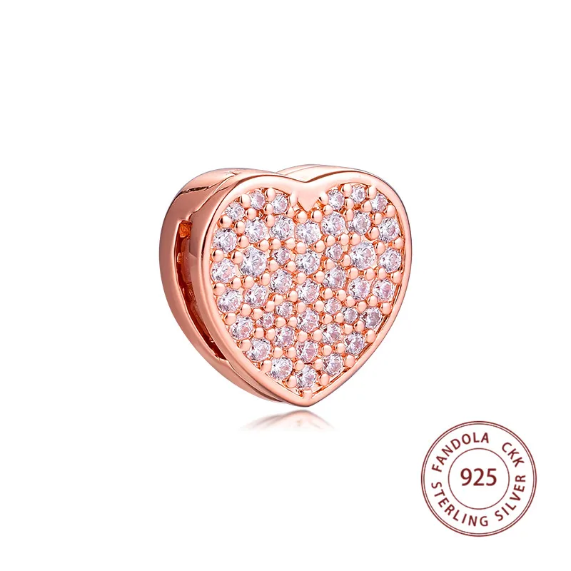 

Authentic 925 Sterling Silver Rose Gold Reflexions Pave Heart Charms Fits Original Bracelet Beads for Jewelry Making Kralen