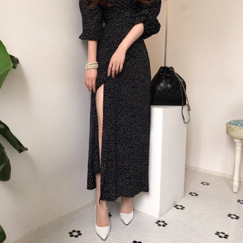 

Summer elegant spring summer commuter black V-neck waist tie women's Korean retro puff sleeve polka dot dress long skirt