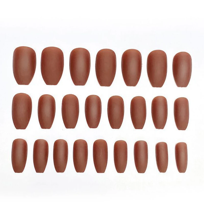

24pcs Press On Nails Pure Color Coffee Full Cover Medium Long False Nails Matte Ballerina Shape Fake Nails with Glue