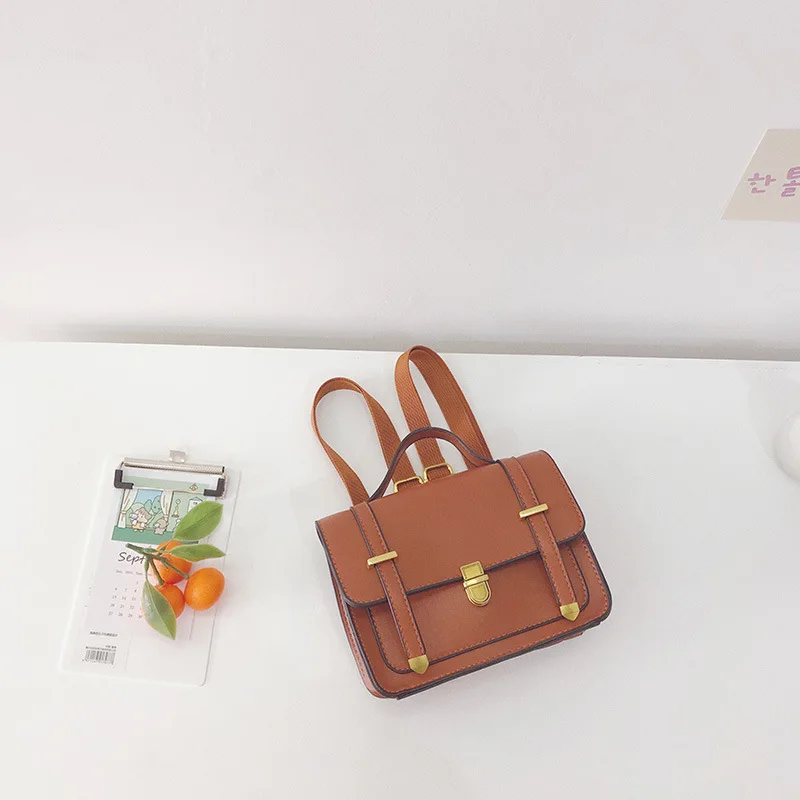 

PU Leather Kid Backpack Children Retro Schoolbag Multi-Purpose Foldable Top Handle Metal Buckle Zipper Handbag