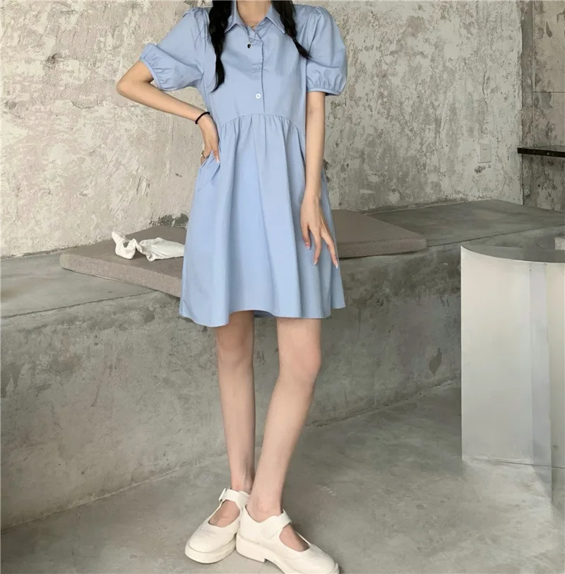 

Japan Style Women's Dress Kawaii Puff Sleeve A-LINE Mini Dress Summer Polo Shirt Dress Women Plus Size Women Clothing