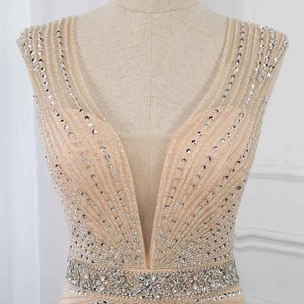 YQLNNECouture длинное вечернее платье телесного цвета с кристаллами фатиновое русалки