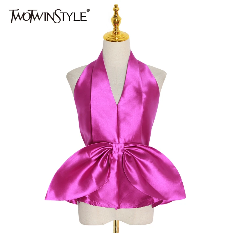 

Женская шифоновая рубашка TWOTWINSTYLE, с бантом, на бретельках, с v-образным вырезом, без рукавов, тонкие, вечерние, топ, Женская Летняя мода, новин...