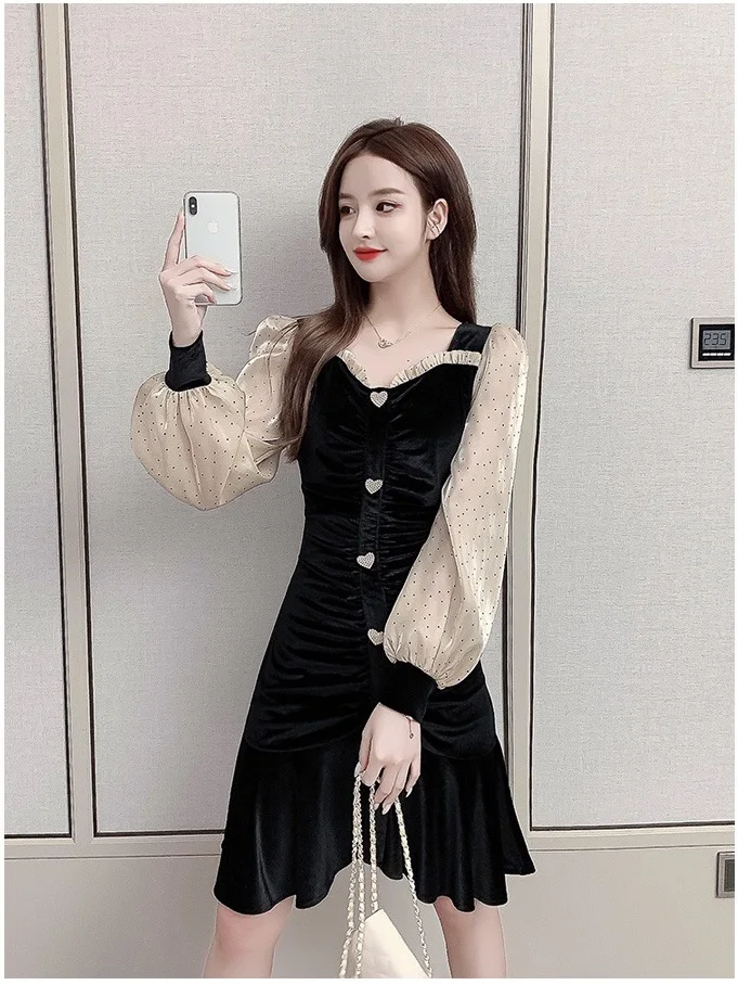 

Модные женские золотые вельветовые платье осень и зима, новинка, детское платье женственность v-образным вырезом складки Тонкий мешок бедра...