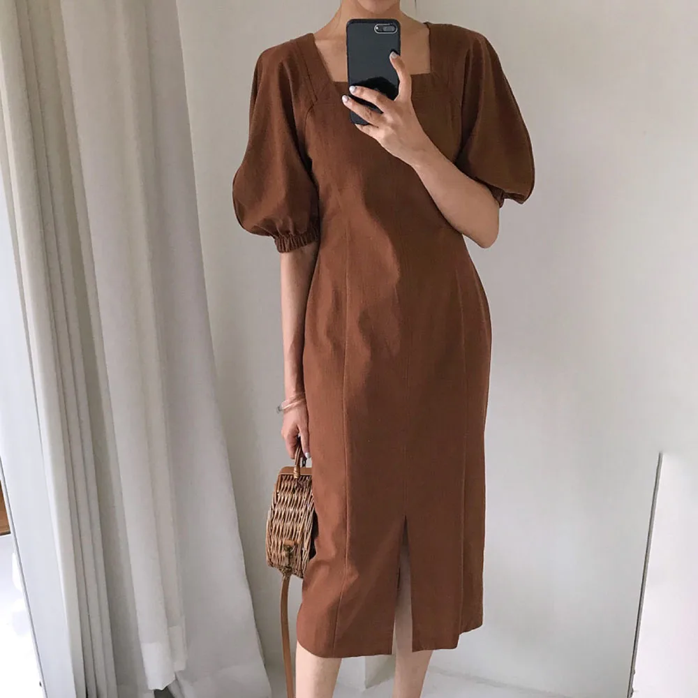 

2021 Summer New Temperament Square Collar Dress Solid Color Simplicity Split Fork Puff Sleeve Japanese Style Women's