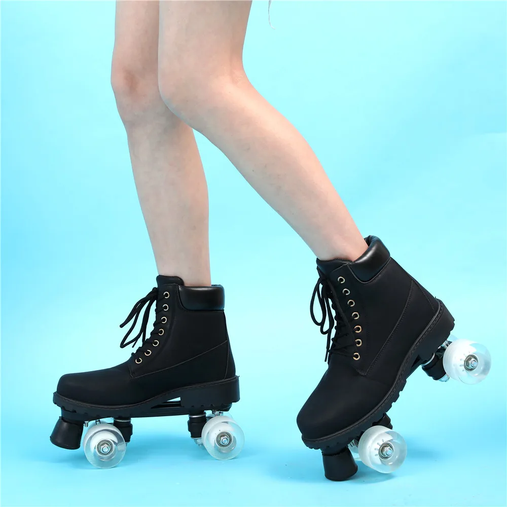 Black PU Leather Roller Sneakers Woman Double Row Roller Skates Adult 4-Wheels 6 Color Skating Shoes Patines Europe Size 36-46