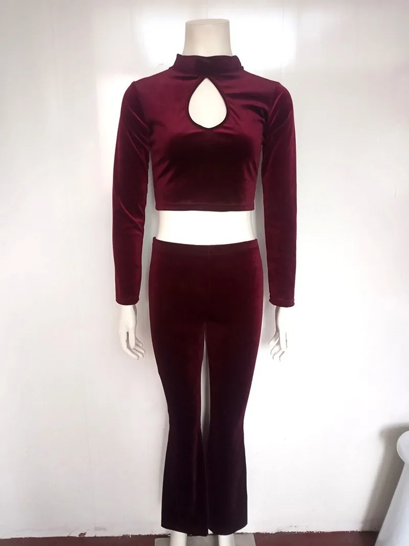 

Autumn and Winter Velvet Elastic Fashion Sexy Dig Chest Top Flared Trousers Two Piece Suit