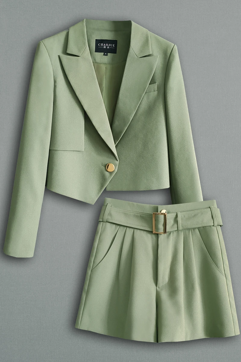 Bright silk fashion suit women's early autumn 2021 new slim versatile ultra short jacket shorts two piece set fashionable 2103