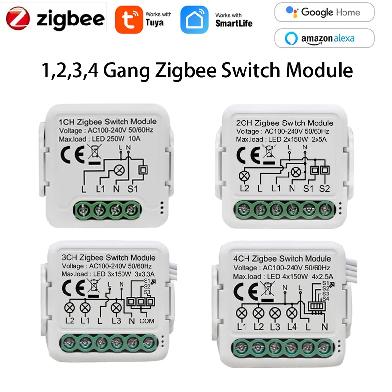 Tuya MINI Zigbee 3.0 Switch module 1/2/3/4 Gang AC100-240V 2-way Control Switches DIY Smart Life/Tuya APP With Alexa Google Home