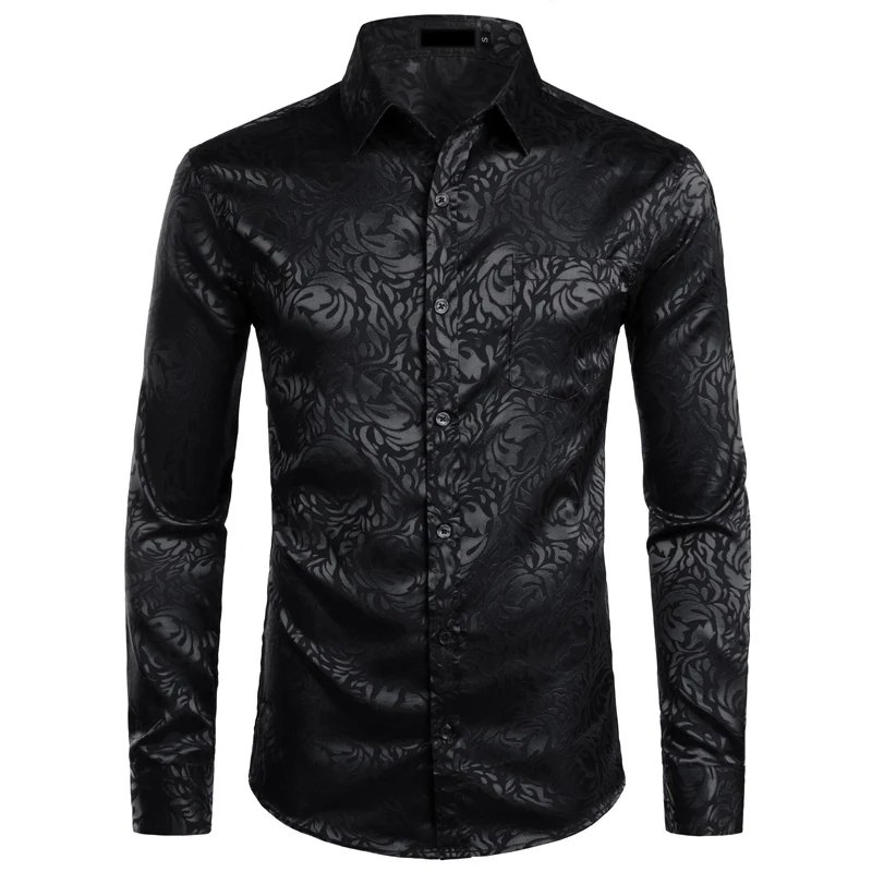 

Men's Floral Black Dress Shirts 2019 Stylish New Long Sleeve Steampunk Shirt Men Party Club Bar Social Shirt Male Chemise Homme