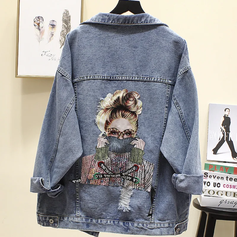 Джинсовая куртка женская с красивым принтом джинсовое пальто потертостями и