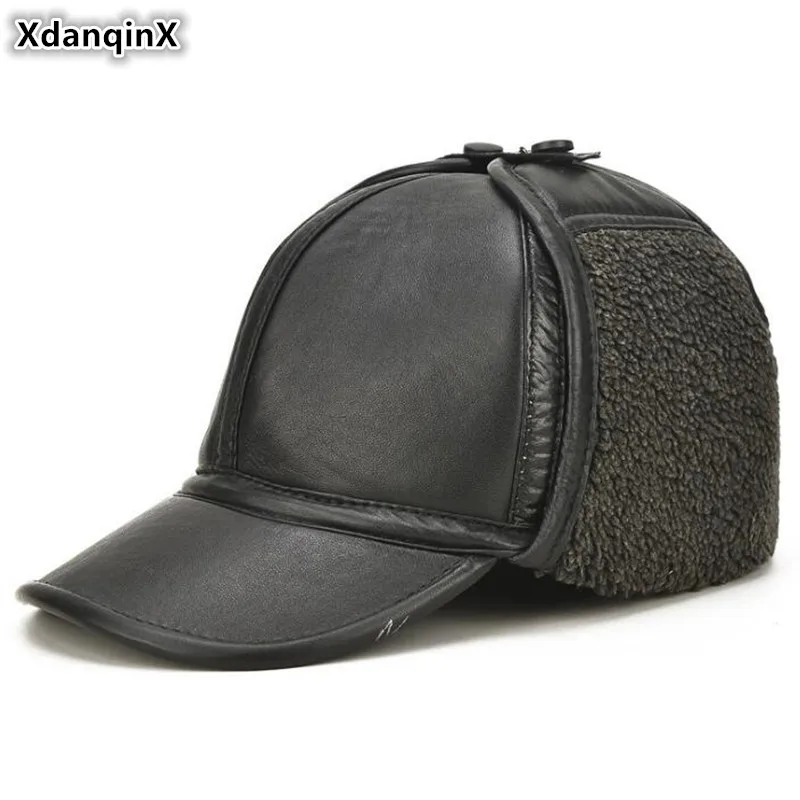 

XdanqinX Adult Men's Warm Thick Fur Hat Genuine Leather Cap Bomber Hats New Men Velvet Sheepskin Leather Earmuffs Hat Brands Cap