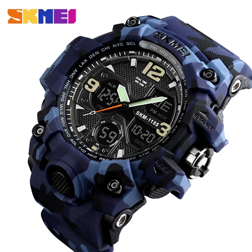 Blue Camouflage SKMEI брендовые военные мужские спортивные часы Роскошные водонепроницаемые кварцевые аналоговые часы мужские модные светодиодный цифровые часы Relogio Masculino - Цвет: Blue Camouflage