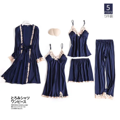 navy blue Daeyard/женская пижама, Шелковый пижамный комплект из 5 предметов, атласная пижама с аппликацией, Сексуальная кружевная Пижама, халат, одежда для сна, домашняя одежда - Цвет: navy blue