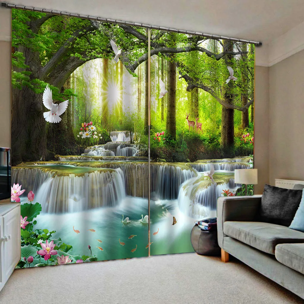 

Роскошные затемняющие 3D оконные шторы с зеленым лесом и водопадом для гостиной, затемняющие шторы