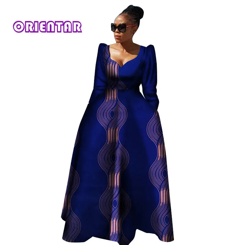 Женская африканская одежда Bazin Riche Robe Africaine, Африканское платье, Осеннее женское длинное платье больших размеров из чистого хлопка WY2849 - Цвет: 1