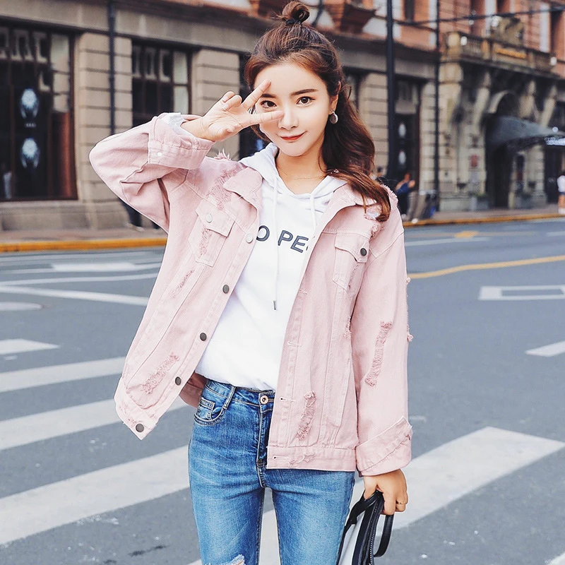 Женская джинсовая куртка CHICEVER розовая свободная однобортная с отложным