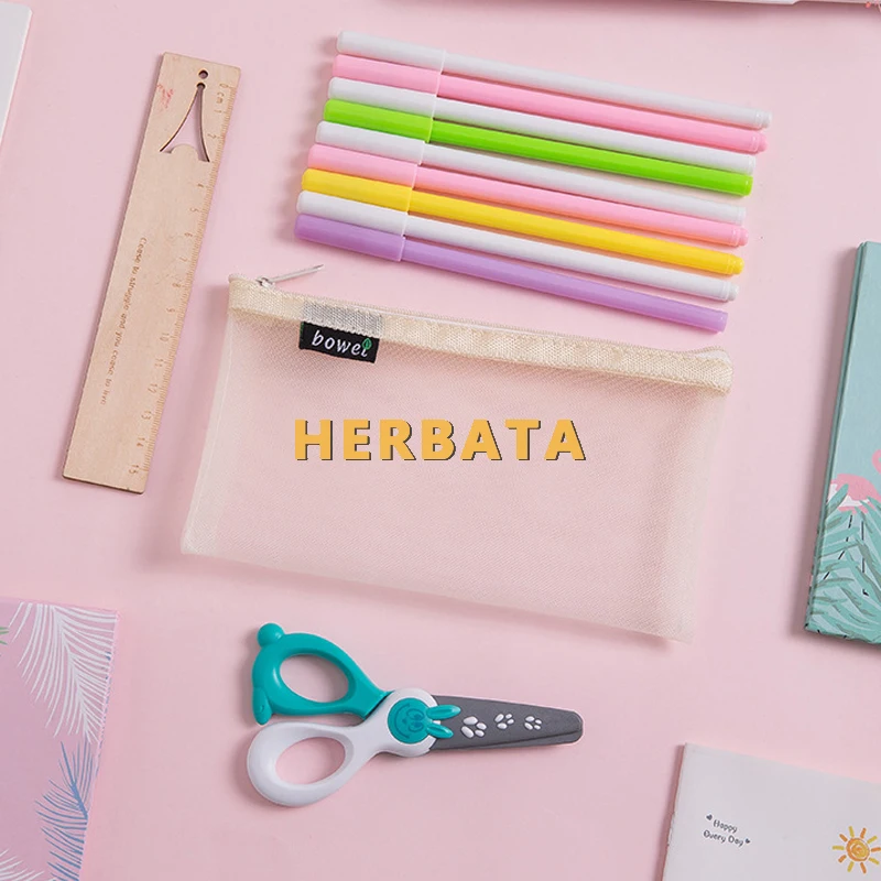 Creative simple transparent gauze large-capacity portable zipper pencil case student stationery bag pouch desk organizer | Канцтовары