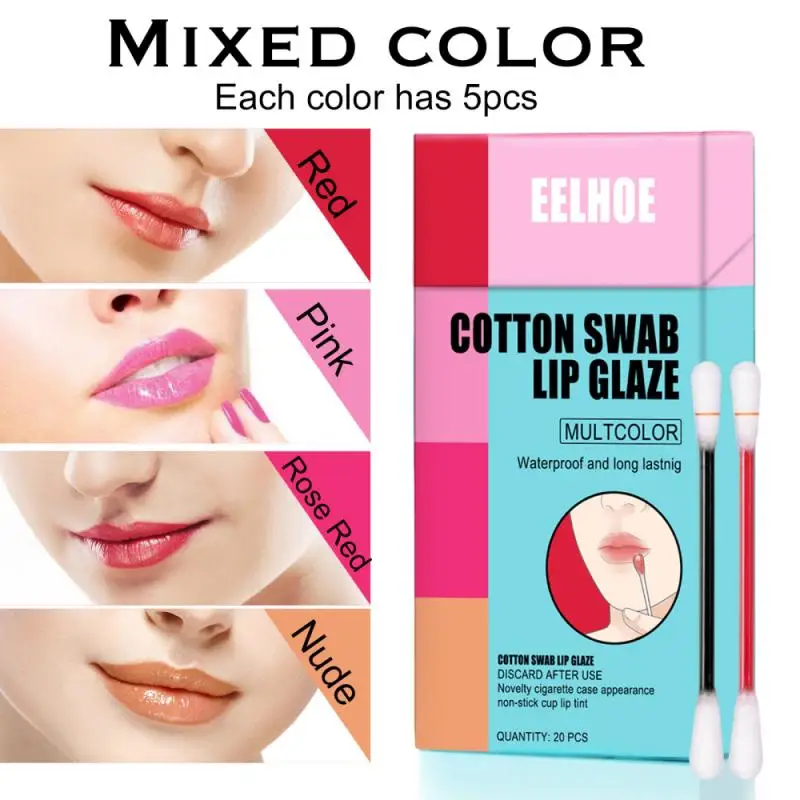 

EELHOE 5 Kinds Cotton Swab Lipstick Portable Cigarette Case Swab Red Charming Lipsticks Long Lasting Waterproof Cosmetics Makeup