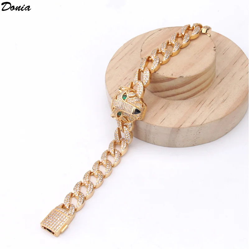 Donia Jewelry New Fashion luxury green eye leopard head bracelet animal bracelet set AAA zircon jewelry for men and women