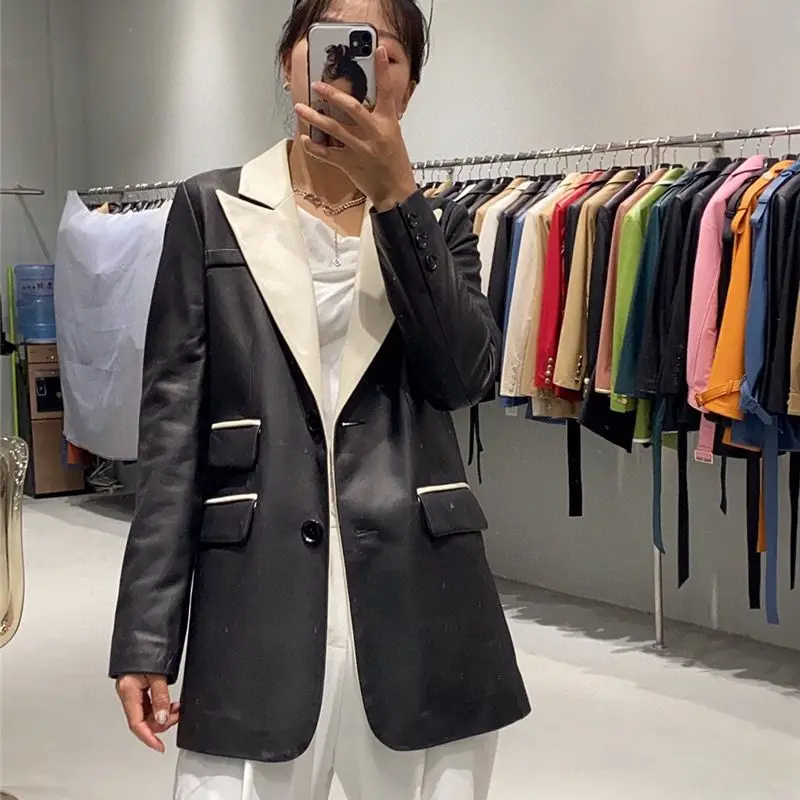 Women 100% real sheepskin black white jacket ladies autumn winter casual genuine leather suit blazer