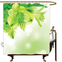 fresh lily flower bloom with leaves abstract bokeh backdrop garden plantlime green apple green shower curtain