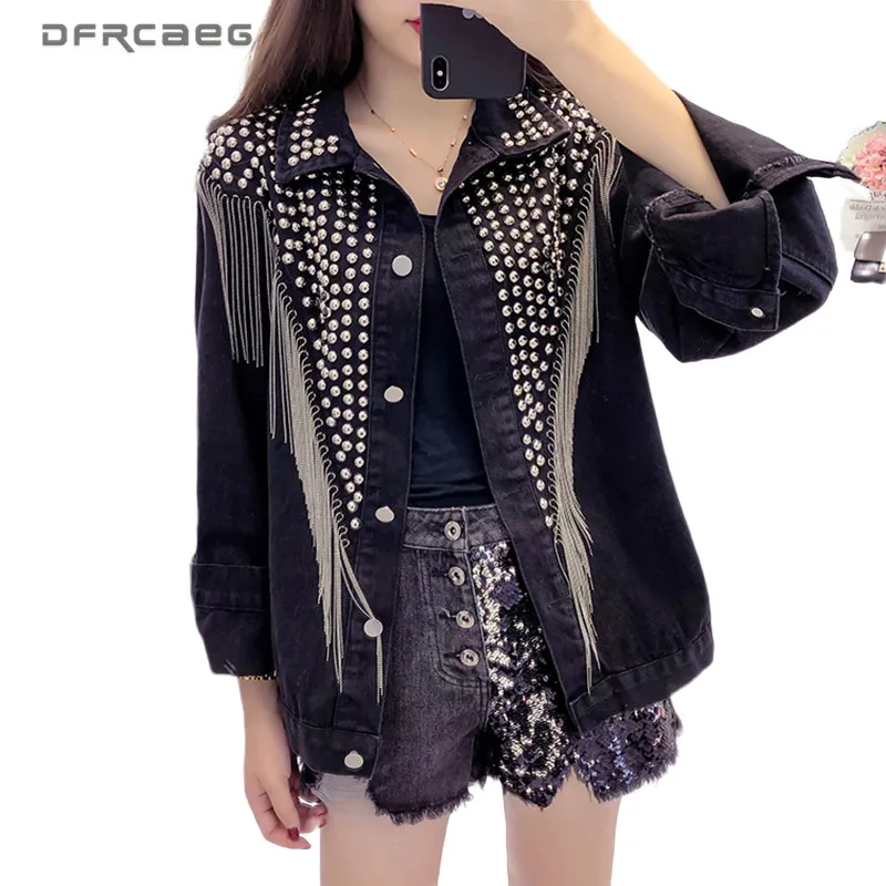 Куртка женская джинсовая оверсайз с заклепками и кисточками винтажная верхняя