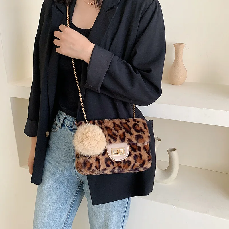 2019 зимние модные меховые роскошные сумки с маленькой цепочкой и леопардовым