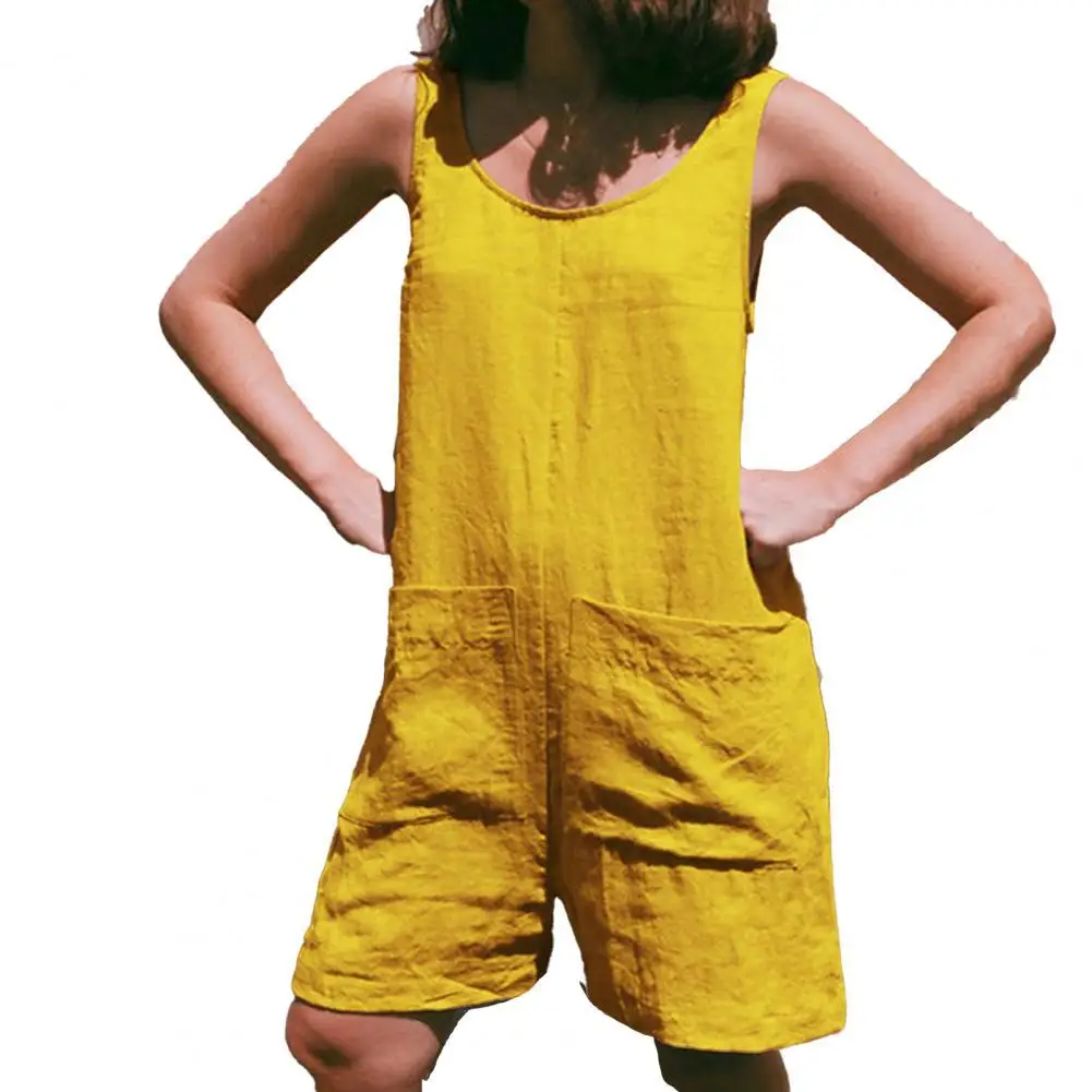 

Summer Women Jumpsuit O Neck Solid Color Sleeveless Large Pockets Loose Fit Playsuit Romper Women Streetwear Jumpsuit 2021
