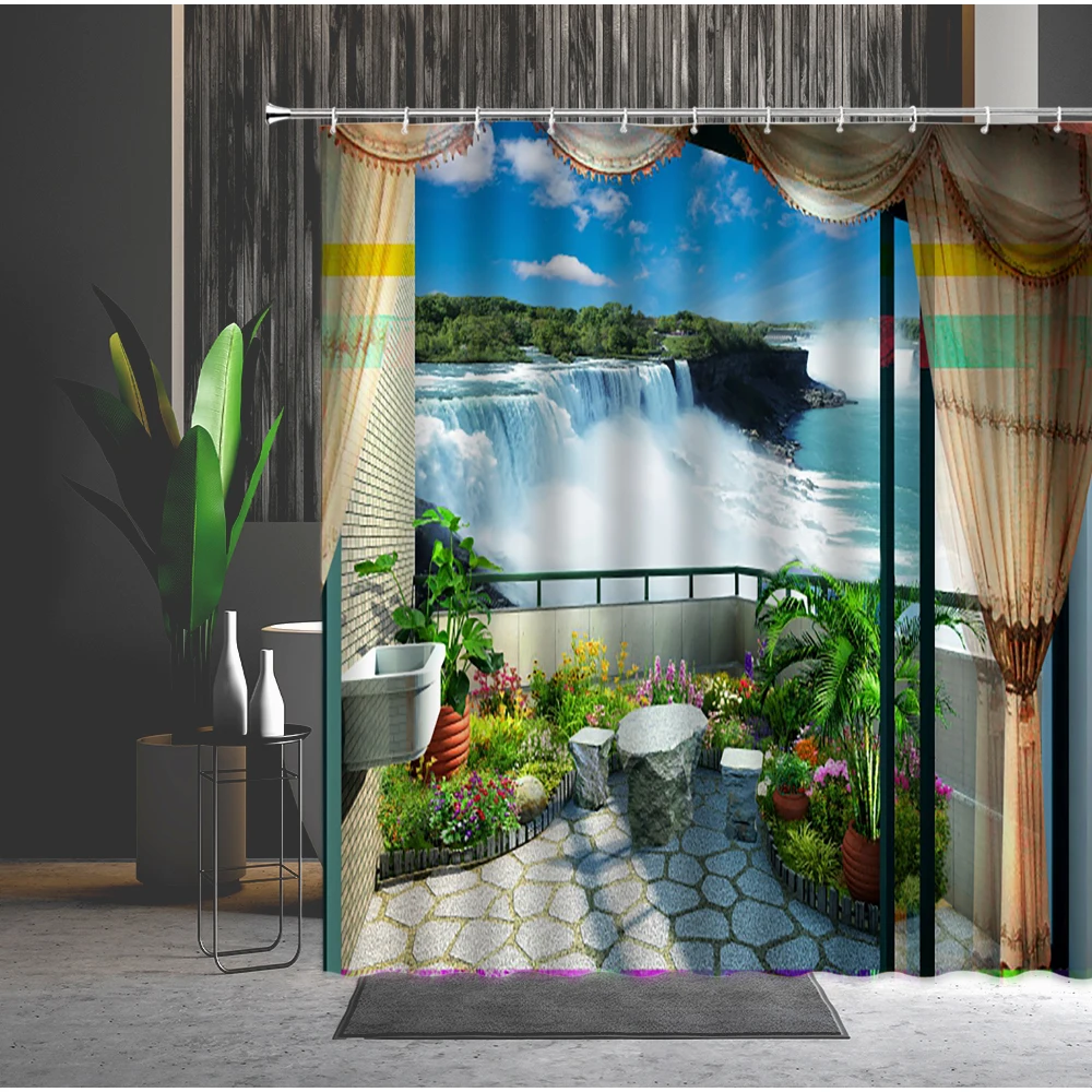 

Shower Curtain Waterfall Landscape Flowers Grass Fish Natural Scenery â€‹3D Printing Machine Washable With Hooks Bath Curtains Set