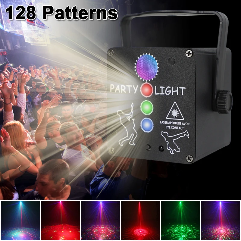 DJ светодиодные фонари диско шар 128 узоров RGB лазерный свет светомузыка проектор
