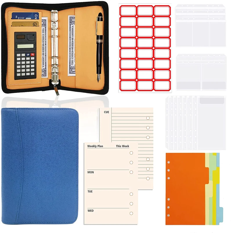 

A6 PU Leather Notepad 6-Ring Notebook Binder Folder, Zipper Money Storage With Loose-Leaf Paper And Calculator (Blue)