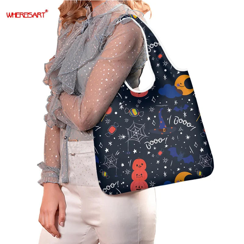 

WHEREISART Folding Shopping Bag Halloween Cute Skull Ghost Printed Portable Bags Light Foldable Waterproof Shoulder Bag Handbag