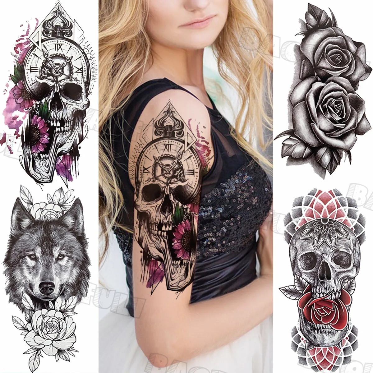

Geometry Skull Demon Compass Temporary Tattoos For Women Adult Wolf Rose Realistic Fake Tattoo Sticker Waterproof Body Art Tatoo