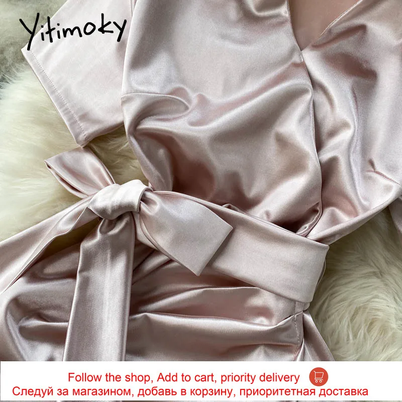 

Yitimoky Fashion Bow Lace Up High Waist Dresses Women Short Sleeve Turn-down Collar Lace Up Clothing A-Line 2021 Summer Korean
