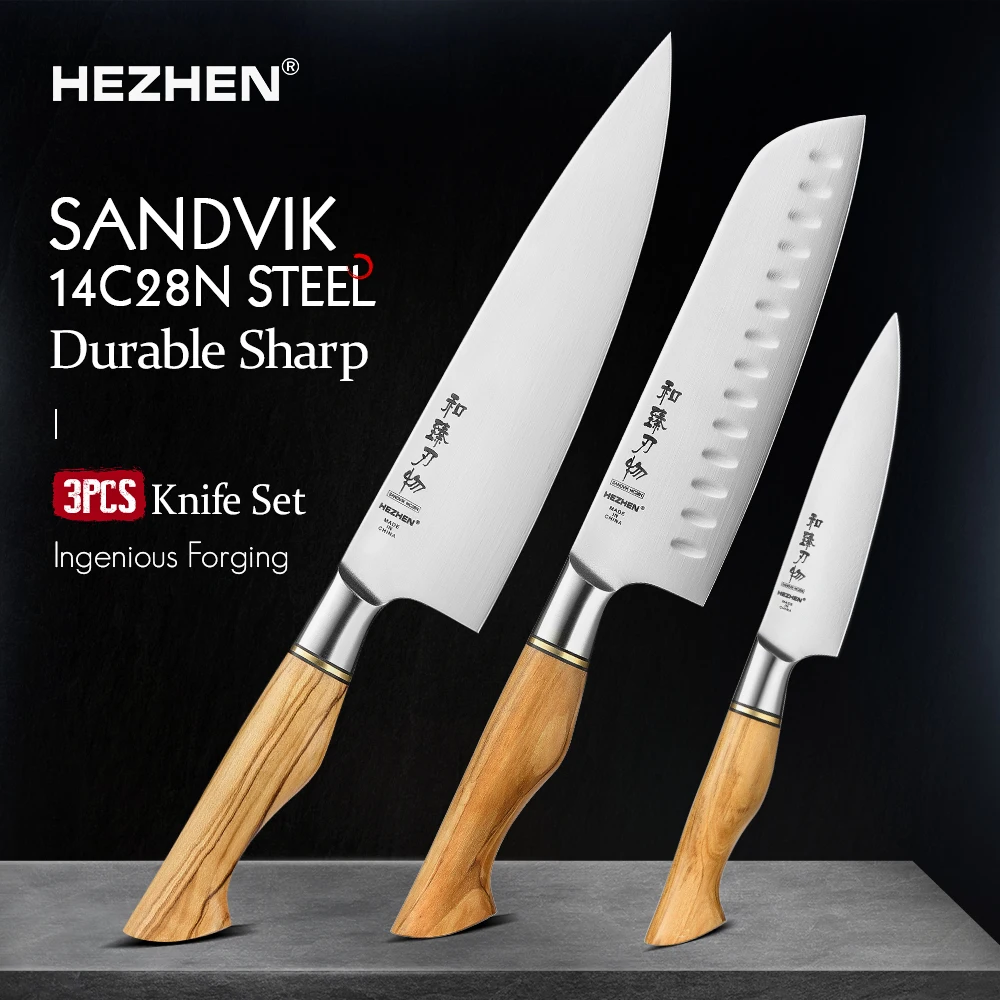 

HEZHEN 3PC Kitchen Knife Set Chef Santoku Utility Knives Sandvik Steel Stainless Steel Forging Olive Wood Handle