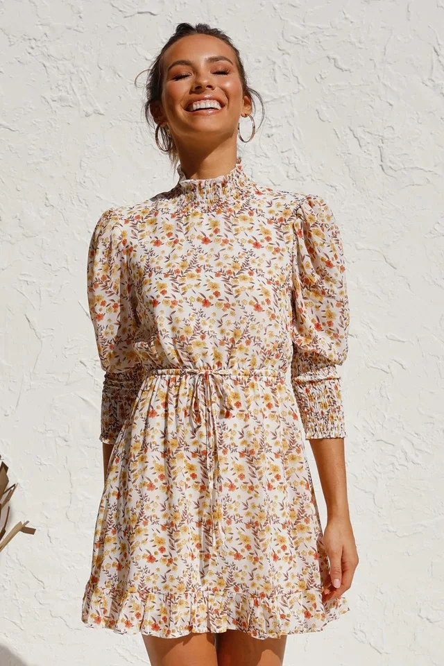 

Autumn New Floral Ruffle Vintage Dress Women Fashion Turtleneck Three Quarter Sleeve Boho Mini Dress Slim Plus Size Vestido Robe