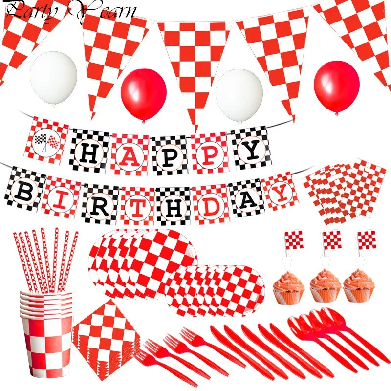 

Race Car Themed Parties Checkered Flag Party Supplies Paper Plates Napkins Cups Red and White Pennant Banner Racing Flags