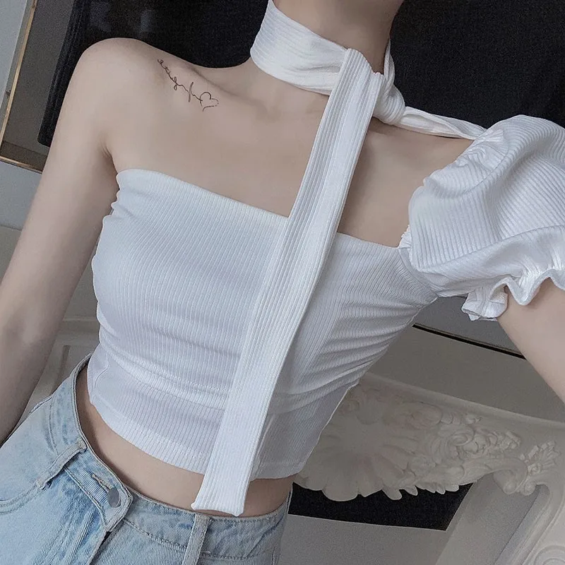 

Women's Fashion One-Shoulder Puff Sleeve Halter Sexy Sweet Slim T-shirt