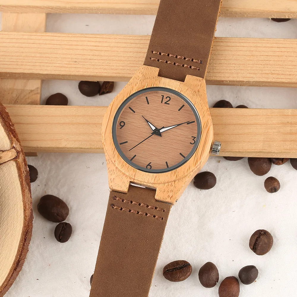 

Elegant Vintage Bamboo Watch Women Quartz Wrist Watches Brown Genuine Leather Watchband Female Wooden Timepiece reloj femenino